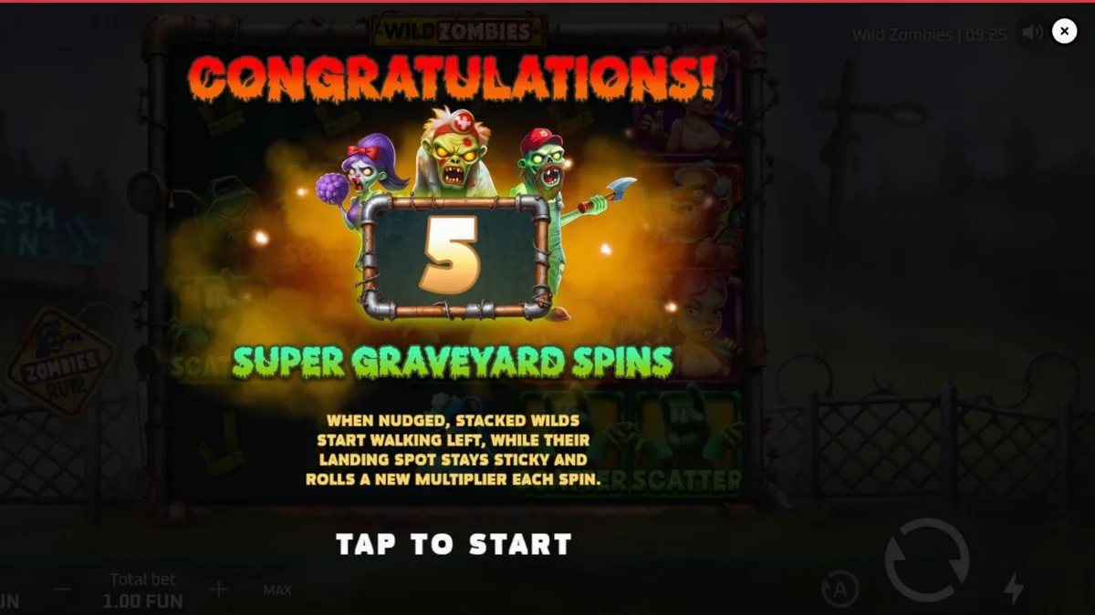 Tampilan layar permainan slot Wild Zombies dengan tema kiamat zombi yang penuh warna.