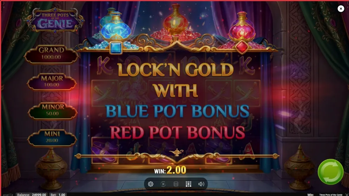 Tampilan visual slot Three Pots of the Genie dengan tema Arabian Nights yang memukau.